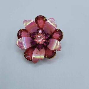 Vtg Unsigned Rhinestone Crystal & Enamel Petal Flower Brooch Gold-tone Pink - AS
